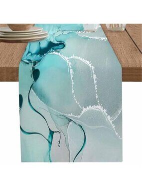 Teal Marble Table Runner 36 Inch Cotton Linen Dining Kitchen Dresser Decor Blue